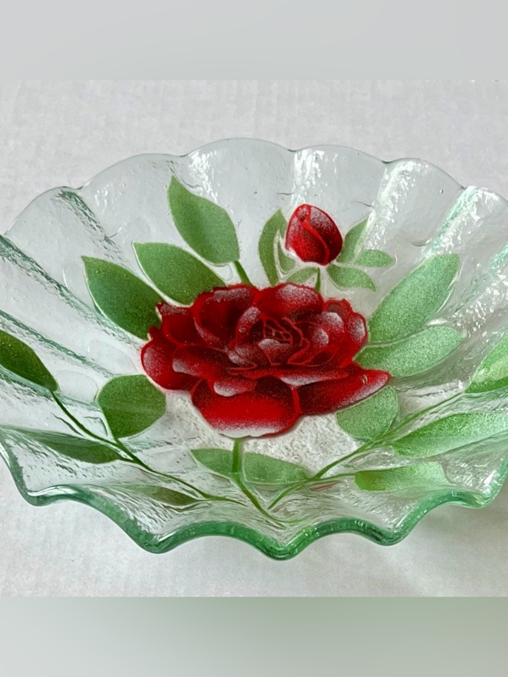 Sydenstricker Fused Glass Bowl Red Rose and Green Leaves Ruffled Edge Signed